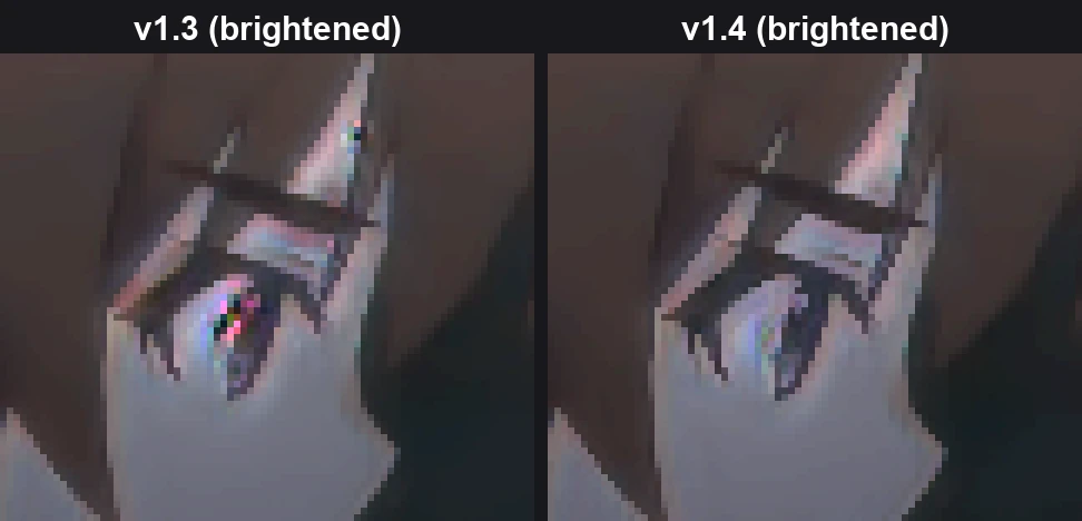 Color noise in a dark scene, v1.3 vs v1.4 (brightened for visibility)