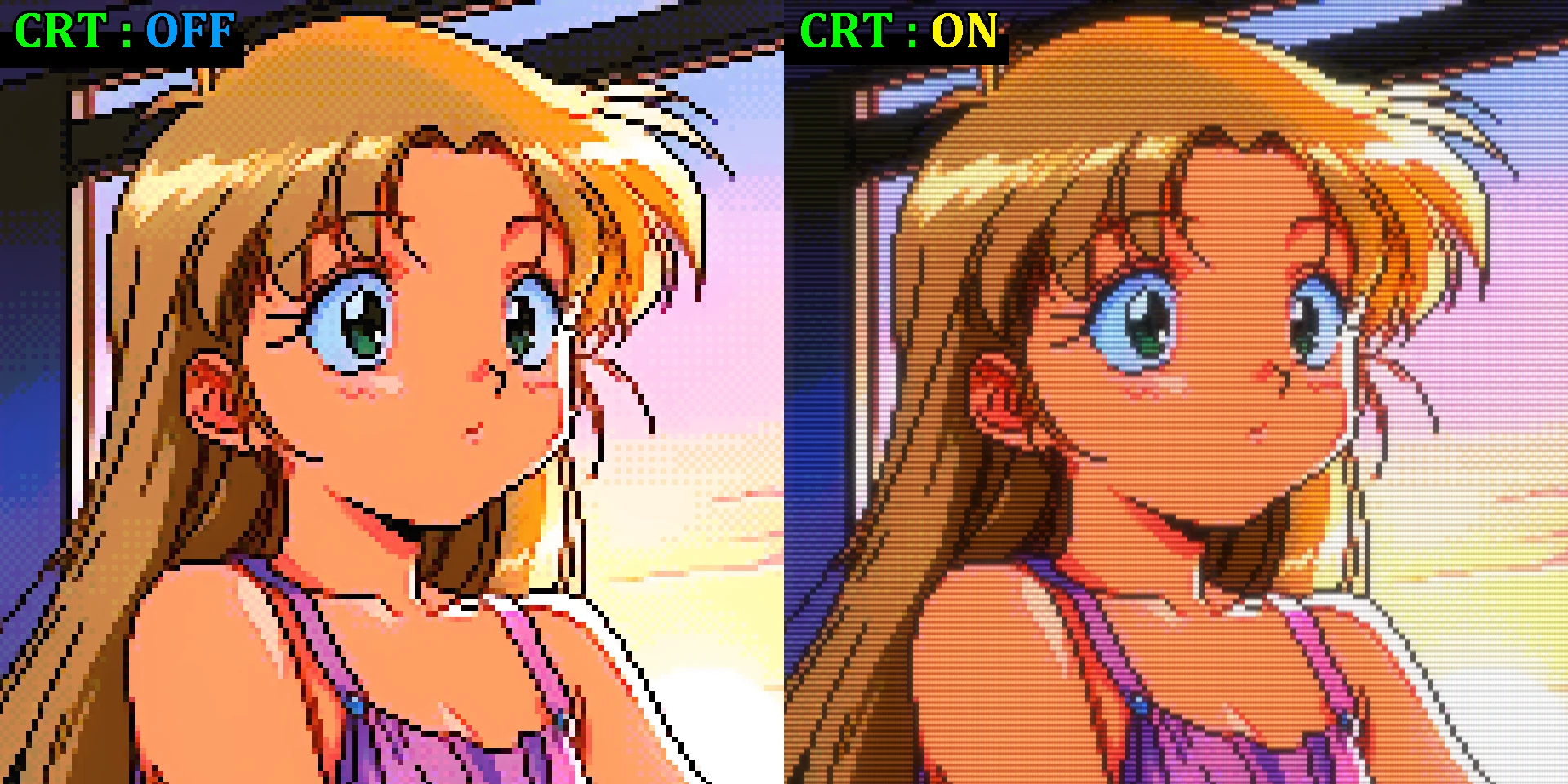 CRT エフェクトのオフとオンの比較(ドットサイズ 7×7)