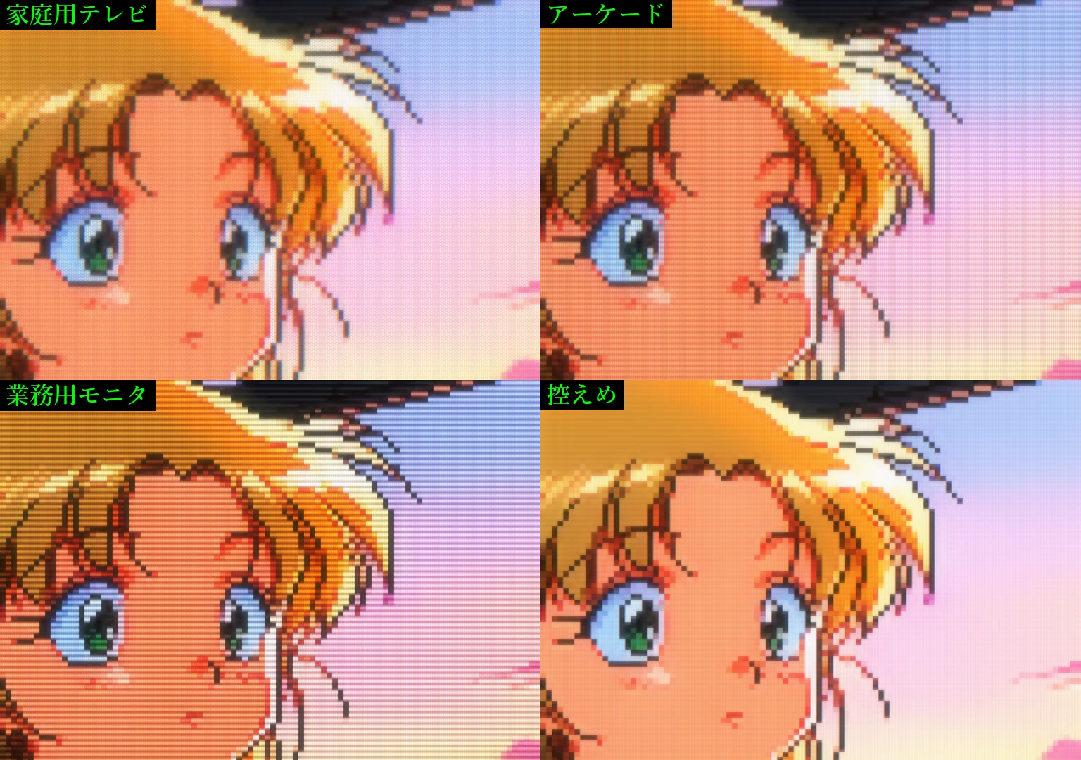 CRT エフェクトの4つのプロファイルの比較